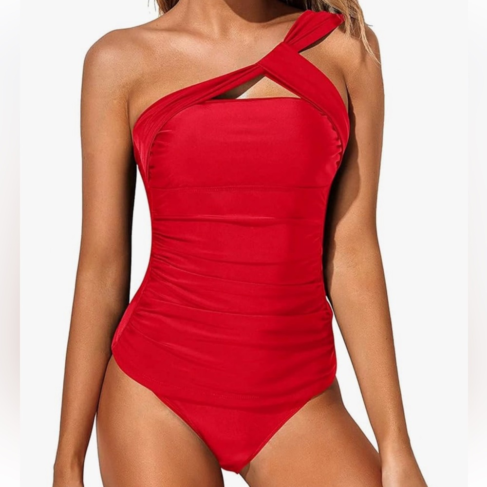 Elegant Women's two piece Swim Set - one shoulder, Red Tankini XS